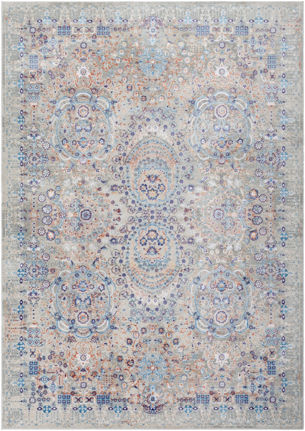Aisha AIS-2310 Traditional Viscose, Polyester Rug AIS2310-93123 Burnt Orange, Wheat, Violet, Sky Blue, Denim, Medium Gray, Light Gray, White 70% Viscose, 30% Polyester 9' x 12'3"