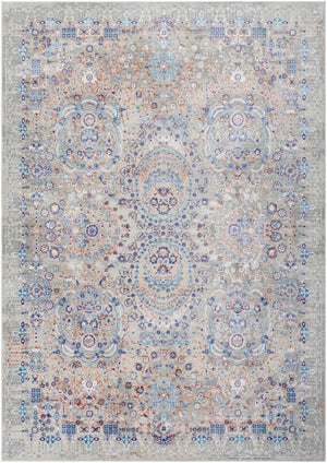 Aisha AIS-2310 Traditional Viscose, Polyester Rug AIS2310-93123 Burnt Orange, Wheat, Violet, Sky Blue, Denim, Medium Gray, Light Gray, White 70% Viscose, 30% Polyester 9' x 12'3"
