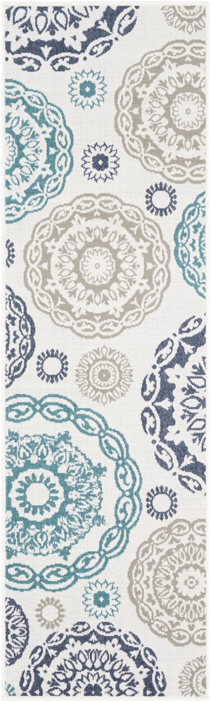 Alfresco ALF-9665 Cottage Olefin Rug ALF9665-2379 Teal, Charcoal, White, Taupe 100% Olefin 2'5" x 7'10"
