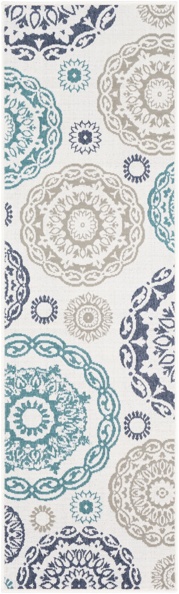 Alfresco ALF-9665 Cottage Olefin Rug ALF9665-2379 Teal, Charcoal, White, Taupe 100% Olefin 2'5" x 7'10"