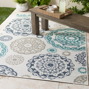 Alfresco ALF-9665 Cottage Olefin Rug ALF9665-89SQ Teal, Charcoal, White, Taupe 100% Olefin 8'10" Square