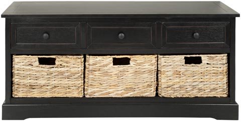 Safavieh Damien Storage Bench 3 Drawer Distressed Black Wood Water Based Paint Pine Aluminum Alloy AMH5701B 683726470625