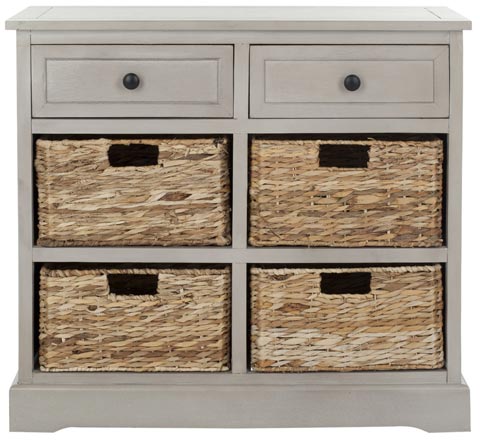 Safavieh Herman Storage Unit Wicker Baskets Vintage Grey Wood Water Based Paint Pine Aluminum Alloy AMH5702A 683726470687