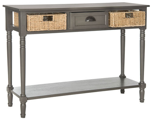 Safavieh Winifred Console Table Wicker Storage Grey Wood Water Based Paint Pine MDF Veneer Aluminum Alloy AMH5730A 683726135548