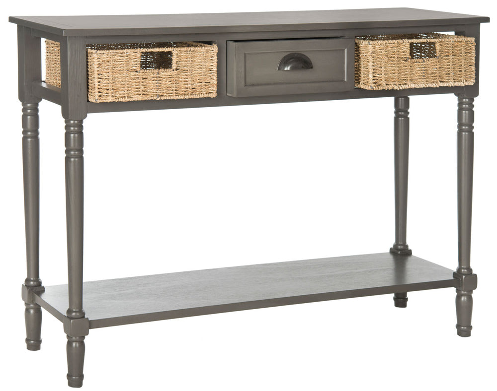 Safavieh Winifred Console Table Wicker Storage Grey Wood Water Based Paint Pine MDF Veneer Aluminum Alloy AMH5730A 683726135548