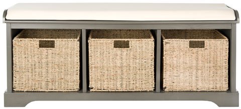 Safavieh Lonan Bench Wicker Storage Grey White Wood Water Based Paint Pine MDF Veneer Spongeus Fire Safety Standard Canvas AMH5733A 683726135623