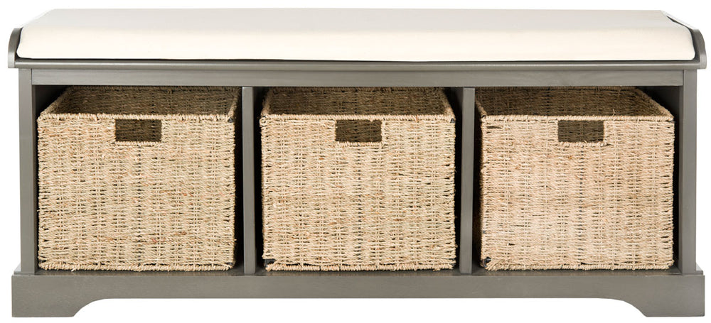 Safavieh Lonan Bench Wicker Storage Grey White Wood Water Based Paint Pine MDF Veneer Spongeus Fire Safety Standard Canvas AMH5733A 683726135623