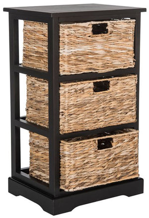Safavieh Halle Side Table 3 Wicker Basket Storage Distressed Black Wood Water Based Paint Pine AMH5738A 889048038875