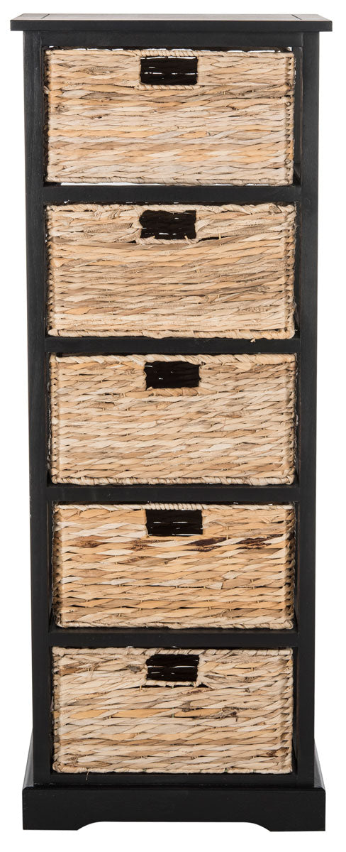 Safavieh Vedette Tower 5 Wicker Basket Storage Distressed Black Wood Water Based Paint Pine AMH5739A 889048038929