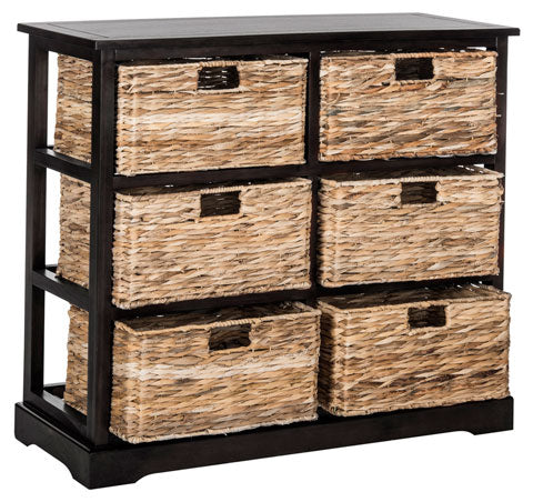 Safavieh Keenan Chest 6 Wicker Basket Storage Distressed Black Wood Water Based Paint Pine AMH5740A 889048038974