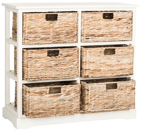 Safavieh Keenan Chest 6 Wicker Basket Storage Distressed White Wood Water Based Paint Pine AMH5740B 889048038981