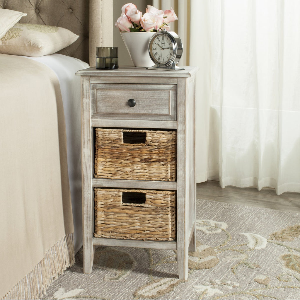 Safavieh Everly Side Table Drawer Vintage White Wood Water Based Paint Pine Aluminum Alloy AMH5743E 889048039179