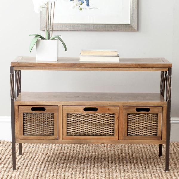 Safavieh Joshua Console 3 Drawer Antique Pewter Oak Wood NC Coating Pine Iron AMH6532C 683726663393