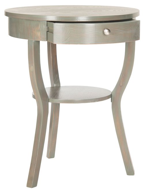 Safavieh Kendra End Table Round Pedestal Drawer French Grey Wood NC Coating Elm ZiNC Alloy AMH6620A 683726139447