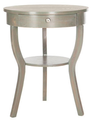 Safavieh Kendra End Table Round Pedestal Drawer French Grey Wood NC Coating Elm ZiNC Alloy AMH6620A 683726139447