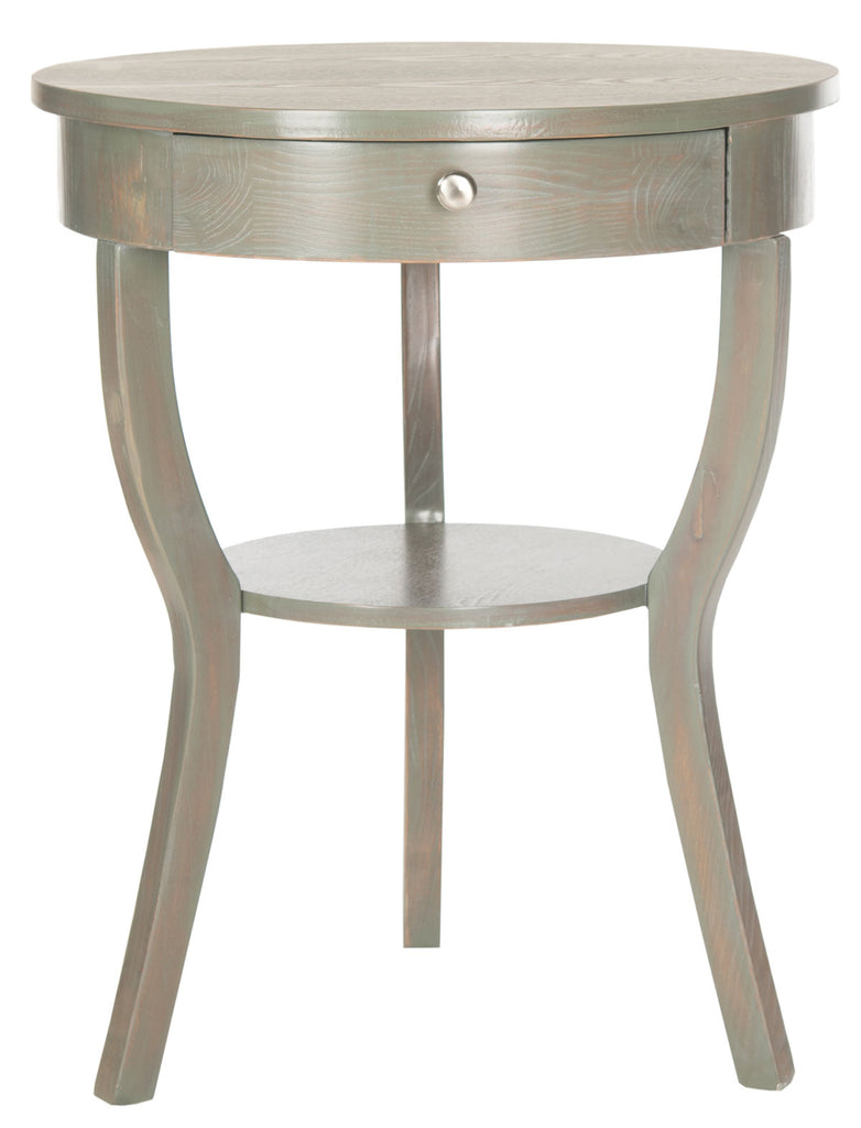 Safavieh Kendra End Table Round Pedestal Drawer French Grey Wood NC Coating Elm ZiNC Alloy AMH6620A 683726139447