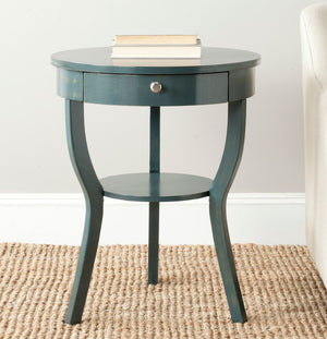 Safavieh Kendra End Table Round Pedestal Drawer Steel Teal Wood NC Coating Pine ZiNC Alloy AMH6620B 683726139768