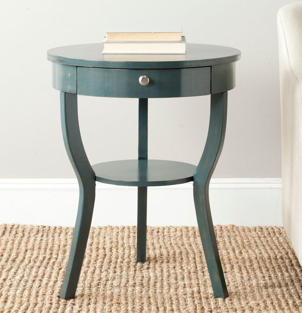 Safavieh Kendra End Table Round Pedestal Drawer Steel Teal Wood NC Coating Pine ZiNC Alloy AMH6620B 683726139768