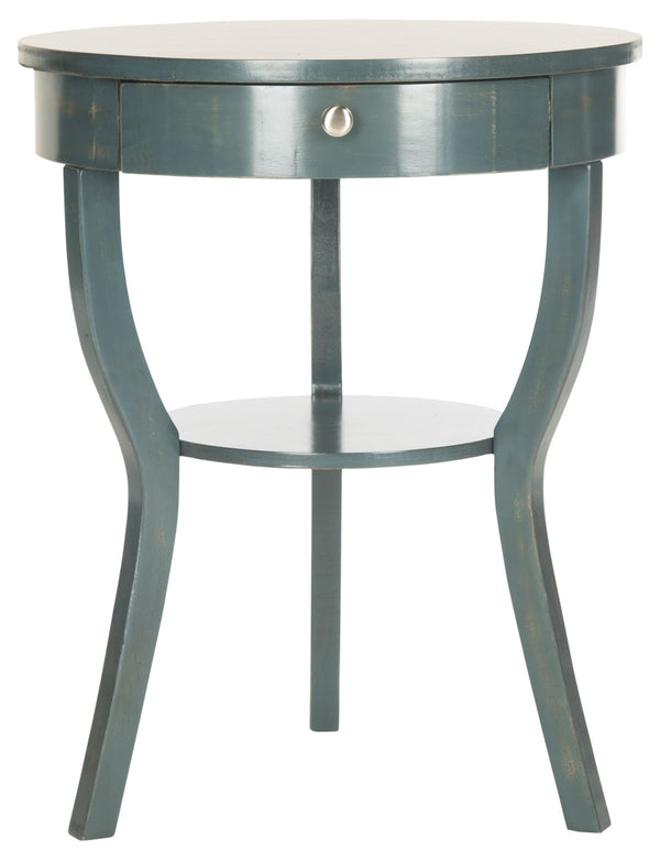 Safavieh Kendra End Table Round Pedestal Drawer Steel Teal Wood NC Coating Pine ZiNC Alloy AMH6620B 683726139768