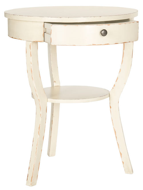 Safavieh Kendra End Table Round Pedestal Drawer Vintage Cream Wood NC Coating Poplar ZiNC Alloy AMH6620D 683726139782