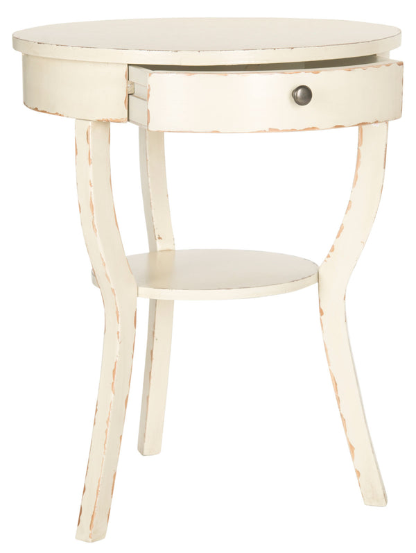 Safavieh Kendra End Table Round Pedestal Drawer Vintage Cream Wood NC Coating Poplar ZiNC Alloy AMH6620D 683726139782