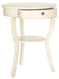 Safavieh Kendra End Table Round Pedestal Drawer Vintage Cream Wood NC Coating Poplar ZiNC Alloy AMH6620D 683726139782
