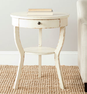 Safavieh Kendra End Table Round Pedestal Drawer Vintage Cream Wood NC Coating Poplar ZiNC Alloy AMH6620D 683726139782