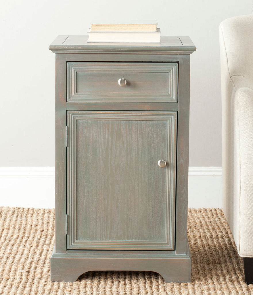 Safavieh Jarome Storage End Table Drawer and Door French Grey Wood NC Coating Elm ZiNC Alloy AMH6627A 683726252078