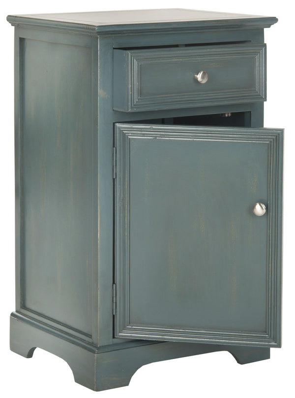 Safavieh Jarome Storage End Table Drawer and Door Steel Teal Wood NC Coating Pine ZiNC Alloy AMH6627B 683726252580