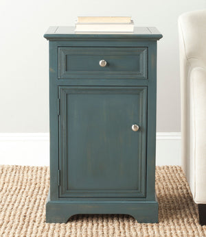 Safavieh Jarome Storage End Table Drawer and Door Steel Teal Wood NC Coating Pine ZiNC Alloy AMH6627B 683726252580