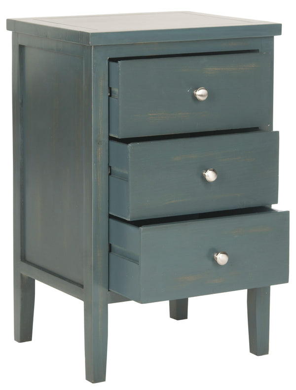 Safavieh Deniz End Table Storage Drawers Steel Teal Wood NC Coating Pine ZiNC Alloy AMH6628B 683726253310