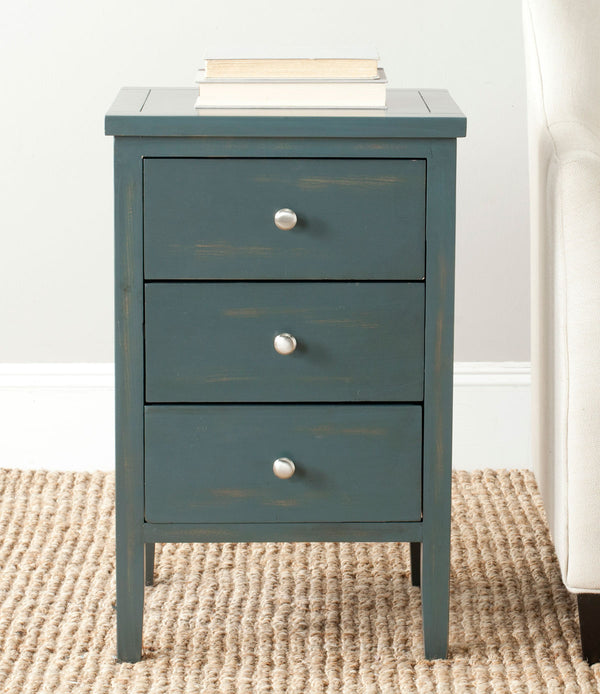 Safavieh Deniz End Table Storage Drawers Steel Teal Wood NC Coating Pine ZiNC Alloy AMH6628B 683726253310