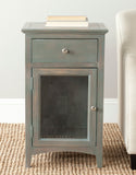 Safavieh Ziva End Table Glass Cabinet One Drawer French Grey Wood NC Coating Elm ZiNC Alloy AMH6630A 683726256151