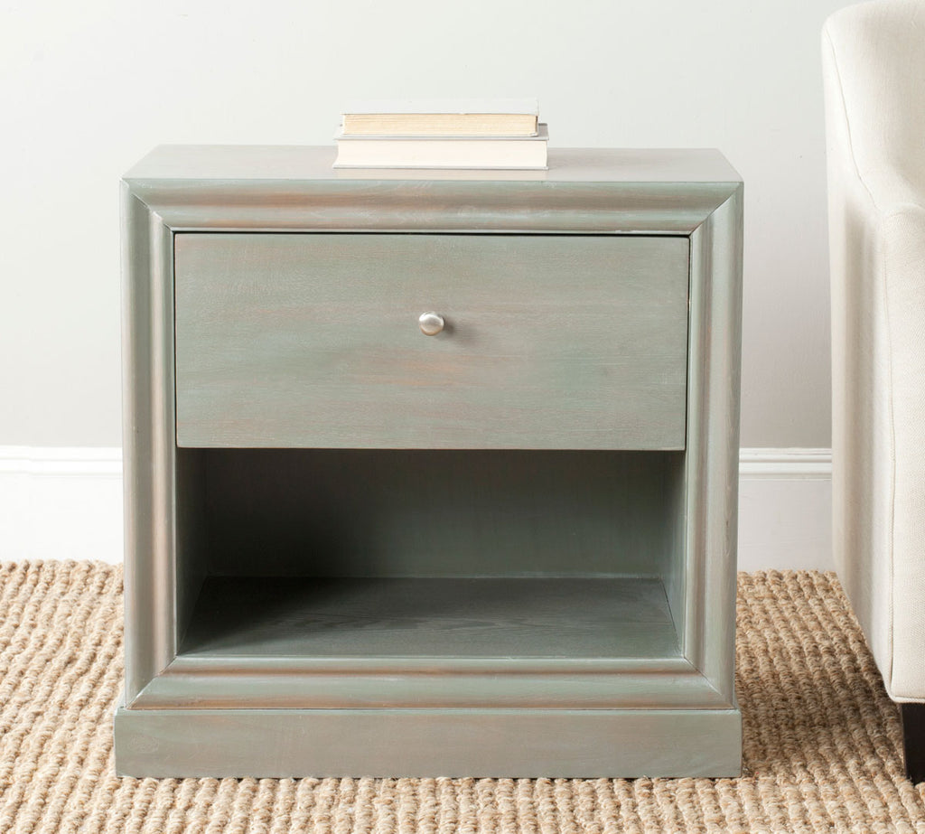 Safavieh Cain End Table Wood One Drawer French Grey NC Coating Elm ZiNC Alloy AMH6635A 683726262992