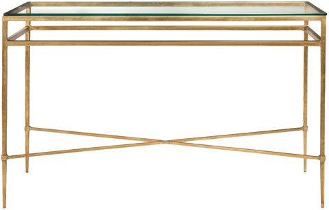 Safavieh Baumgarten Console Table Tempered Glass Antique Gold Metal Couture AMH8305A 683726743170