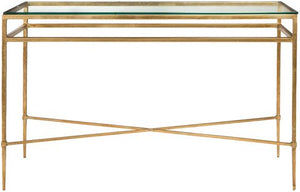 Safavieh Baumgarten Console Table Tempered Glass Antique Gold Metal Couture AMH8305A 683726743170