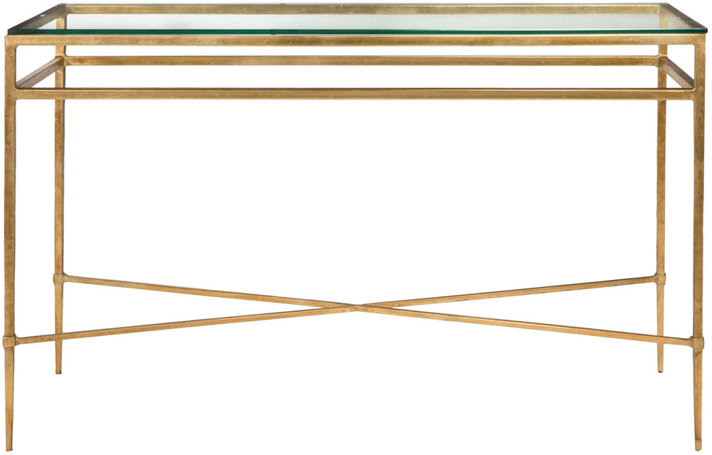 Safavieh Baumgarten Console Table Tempered Glass Antique Gold Metal Couture AMH8305A 683726743170