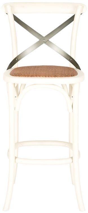 Safavieh Eleanor Bar Stool X Back Distressed Ivory Medium Brown Wood NC Coating Birch Rattan Foam Stainless Steel AMH9503A 683726453666