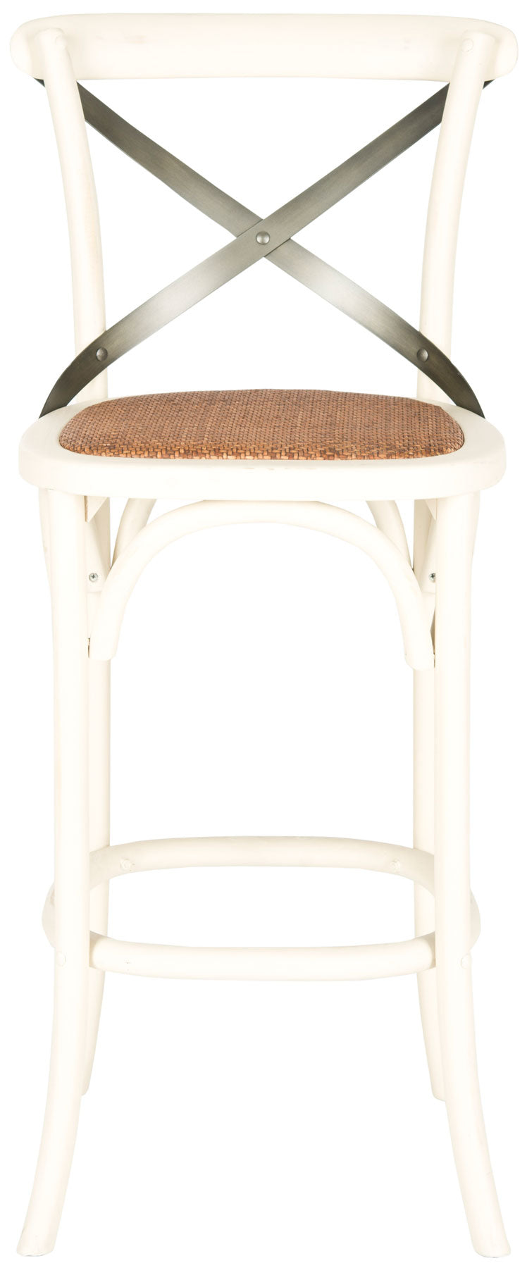 Safavieh Eleanor Bar Stool X Back Distressed Ivory Medium Brown Wood NC Coating Birch Rattan Foam Stainless Steel AMH9503A 683726453666