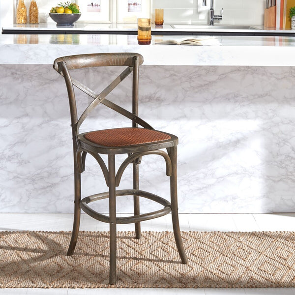 Franklin X Back Counter Stool - Stylish Weathered Oak Design with Rattan Caning for Modern Spaces