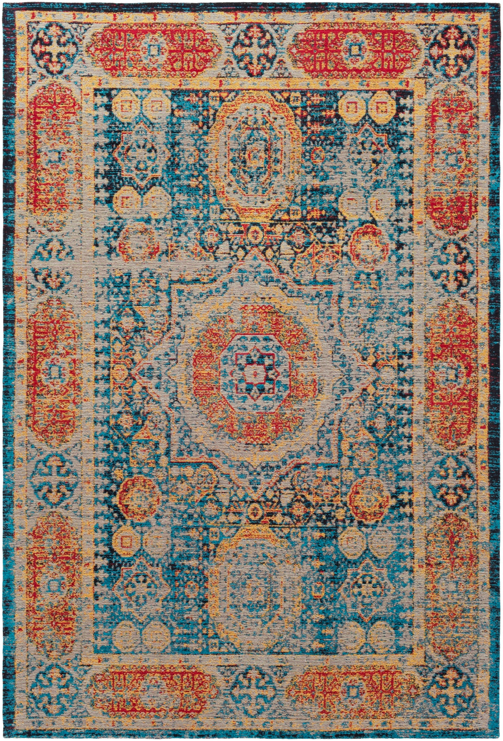 Amsterdam AMS-1009 Traditional Chenille-Polyester, Cotton Rug AMS1009-576 Bright Blue, Saffron, Bright Red, Black, Taupe 75% Chenille-Polyester, 25% Cotton 5' x 7'6"