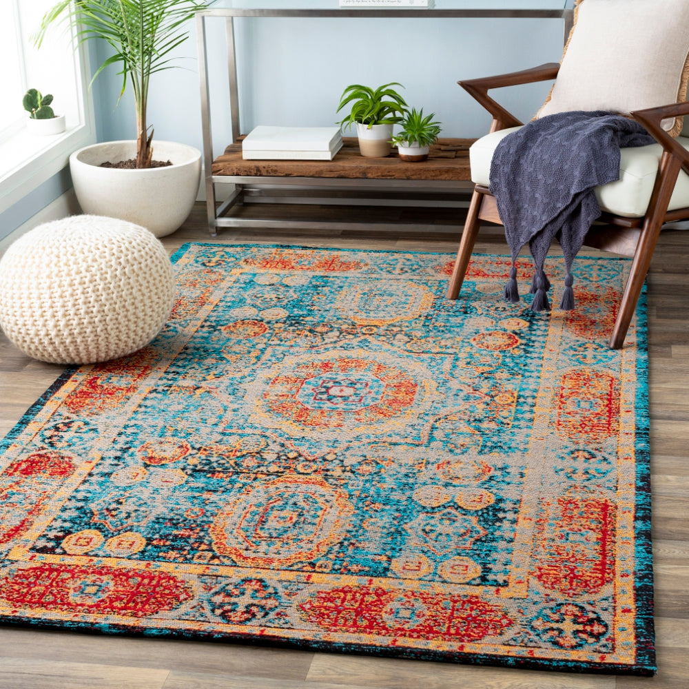 Amsterdam AMS-1009 Traditional Chenille-Polyester, Cotton Rug AMS1009-576 Bright Blue, Saffron, Bright Red, Black, Taupe 75% Chenille-Polyester, 25% Cotton 5' x 7'6"