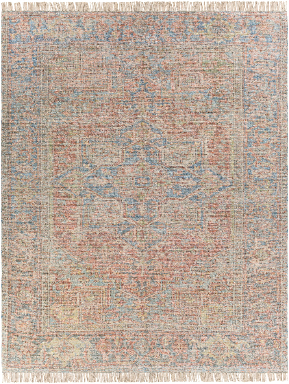 Amasya AMY-2306 Traditional Cotton, Polyester, Viscose, Wool Rug AMY2306-8612 Burnt Orange, Dark Red, Dark Blue, Aqua, Coral, Peach, Pale Blue, Ivory, Dark Brown, Lime, Grass Green 50% Cotton, 20% Polyester, 15% Viscose, 15% Wool 8'6" x 12'
