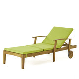 Perla Outdoor Teak Finish Chaise Lounge with Green Water Resistant Cushion Noble House