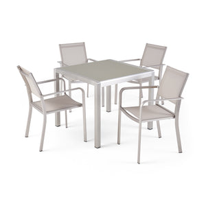 Boris Outdoor Modern 4 Seater Aluminum Dining Set with Tempered Glass Table Top,  Silver and Taupe Noble House