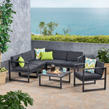 Noble House Navan Outdoor Aluminum 6 Seater Sofa Set, Black and Dark Gray