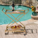 Sherianne Industrial Iron Bar Cart with Tempered Glass Shelves, Gold Noble House