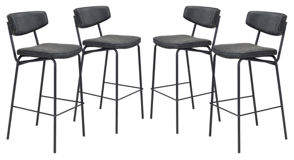 Zuo Modern Sharon 100% Polyurethane, Plywood, Steel Modern Commercial Grade Barstool Set - Set of 4 Vintage Black, Black 100% Polyurethane, Plywood, Steel