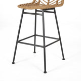 Sawtelle Outdoor Wicker Barstools, Light Brown and Black Noble House