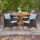 Cedros Outdoor 5 Piece Multibrown Wicker Dining Set with Teak Finish Circular Acacia Wood Dining Table and Beige Water Resistant Cushions Noble House